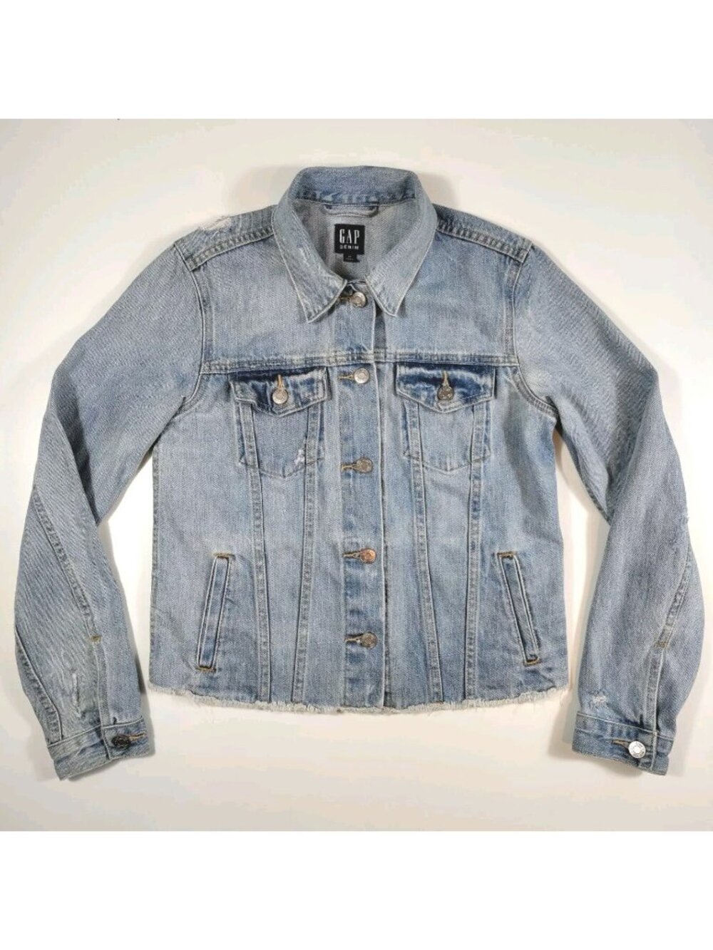 Gap Woman’s Denim Jacket XS Distressed Cropped Light Indigo Jean Button Front
